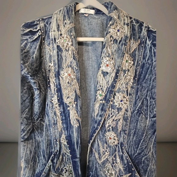 Vintage Bling Blue Acid Wash Oversized Denim Jacket 80s Appliques & Studded M - Picture 2 of 4